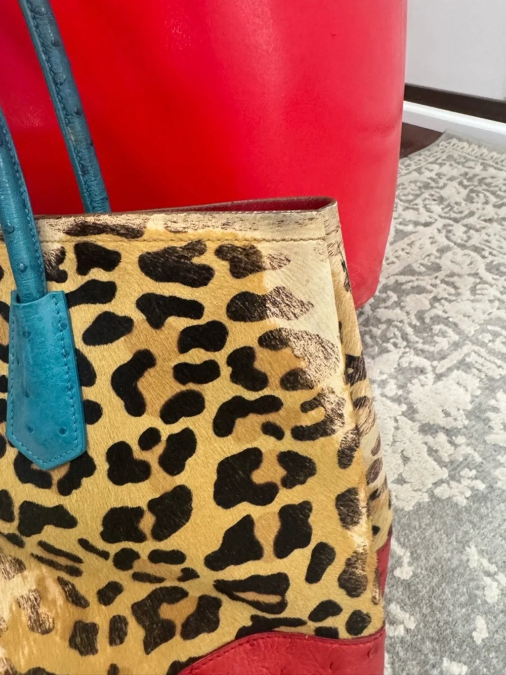 Prada Leopard Haircalf Tote Bag + Wallet Set Teal Red Rare Colorblock Authentic - Picture 10 of 14